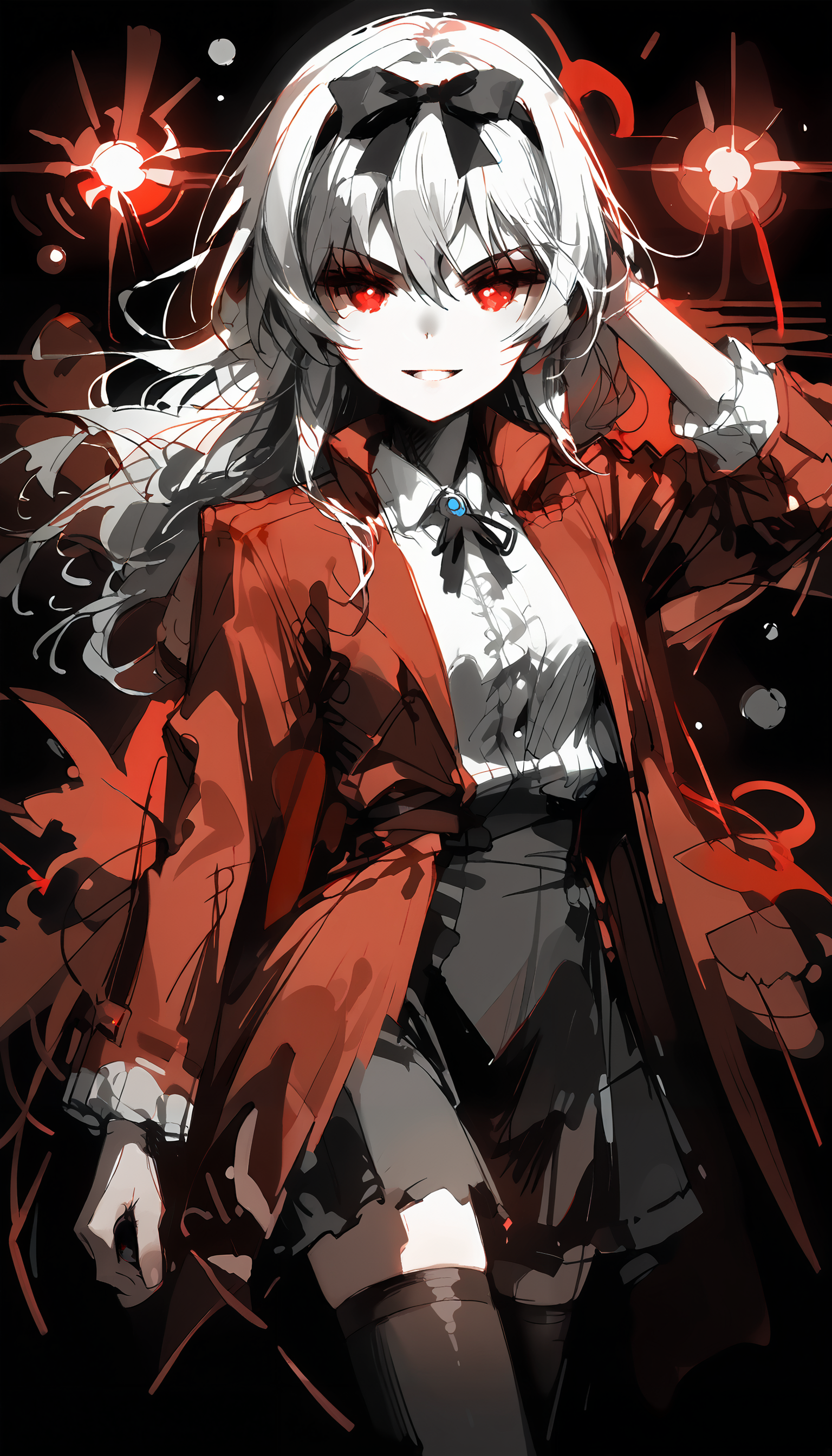 score_9, score_8_up, score_7_up,source_anime,1girl,Yue,(red sketch,monochrome,black background,black theme),confident pose,hair swirling in wind, hair swirling in intricate patterns,light evil grin,dress,shirt, (skirt), coat, black thighhighs, black hairband, hairbow, neck ribbon,looking at viewer,enshrouding darkness,hell landscape,lingering shadows,breathtaking scenery,magnificent view,(symmetrical)