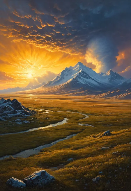 (masterpiece:1.4), (intricate details:1.4), (hyperrealistic:1.3),(painting:0.9),(fantasy landscape:1.3), Arctic tundra with permafrost patterns, Supercell rotating over prairie, Mammatus pouches under storm deck, Golden hour sidelight emphasizing texture, Yardang wind-sculpted ridges, Albert Bierstadt: (luminous skies), (dramatic mountain vistas), (hyperrealistic naturalism), (golden hour glow), Abandoned clockwork metropolis Long shot, Monochrome color guide,