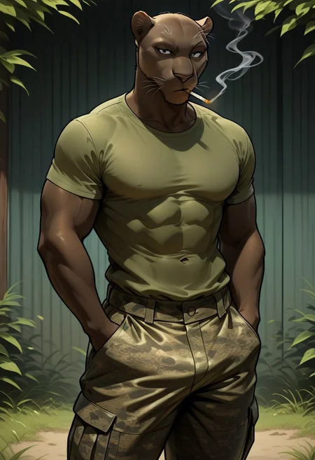 high quality, Masterpiece, best quality, high quality, detailed, male, solo male, 1boy, Coal Gadot, anthro, panther, mature male, animal ears, dark brown body, athletic build, black eyes, muscular male, outdoors, looking at viewer, standing, smoking a cigarette, light green shirt, military, camo pants, half body, wide hips, hands in pants pockets, thick thighs, pecs, abs, buff