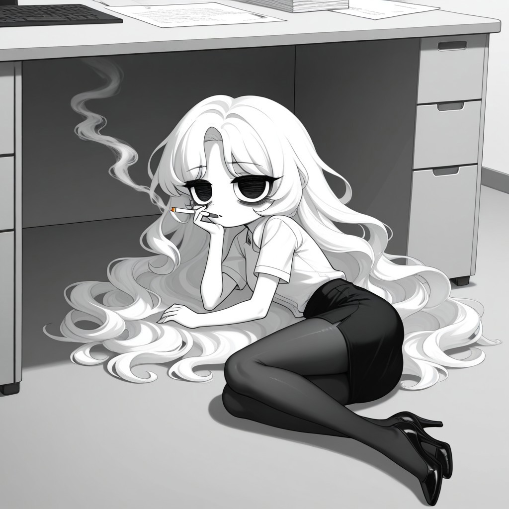 Xiaro, 1girl, solo, monochrome, big eyes, long wavy white hair, white short-sleeved office shirt, black skirt, black pantyhose, black heels
 Xiaro lying on the floor of your office, under her desk. Xiaro with dark circles under her eyes while smoking.
