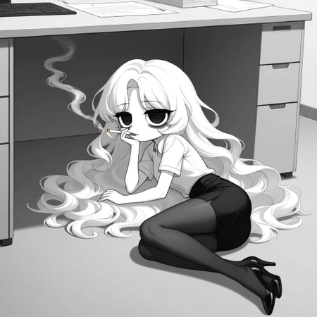 Xiaro, 1girl, solo, monochrome, big eyes, long wavy white hair, white short-sleeved office shirt, black skirt, black pantyhose, black heels
 Xiaro lying on the floor of your office, under her desk. Xiaro with dark circles under her eyes while smoking.