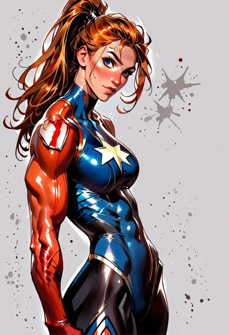score_9, score_8_up, score_7_up, source_cartoon, graphic novel, illustration, line art, digital painting, best quality, looking at viewer, hourglass figure, round breasts, 3/4ths view, 4ng3l face, beautiful, blue superhero girl, patriot, patriotic, American, strong woman, skinny, strong, long hair, orange hair, ((redhead)), blue eyes, pointy nose, ponytail, oiled skin, long eyelashes, brown eyebrows, eyeshadow, athletic fit body, defined muscles, strong biceps, defined glutes and leg muscles, ((white star:1.5)), star centered on chest, blue superhero outfit, long sleeves, red accents, elbow-length red gloves, armored gloves, standing tall and proud, splattered maroon watercolor background, splattered blue watercolor background
