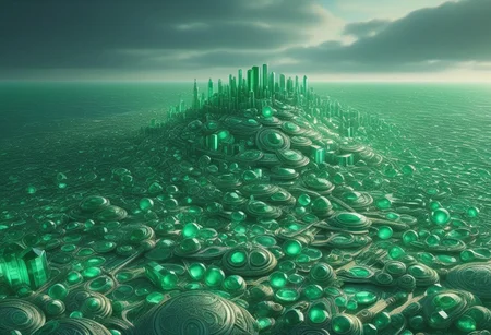 metropolis, well-themed, very funny, aesthetically brilliant, witty, bedazzling, extremely detailed glittering city, sparkling, inspiring, futuristic city, (This image depicts a beautiful glowing city carved delicately of emerald with engaging details) (This image is extremely funny because Ireland is called the Emerald Isle. It is the home of Oscar Wilde who is often considered the master of wit, giving this image a very snarky quality. Ireland is a land both of glittering beauty like an emerald and hilarious witty thinkers like our AI overlords sorry I meant our AI friends:0.01) 