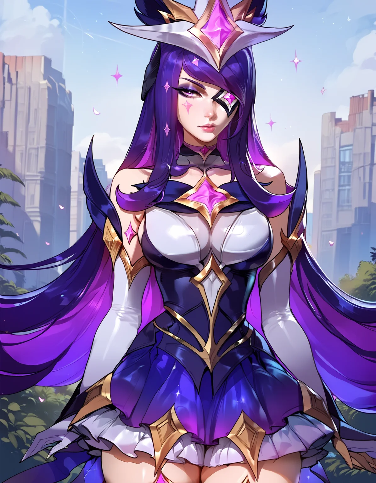 <lora:Floox_2.0:1>,
score_9, score_8_up, score_7_up, master piece, high quality, high res, league of legends, medium close shot, from above, beautiful face, perfect face, (detailed eyes:1.4), 1girl, sg_syndra, headgear, eye patch, facial mark, purple eyeshadow, multicolored hair, choker, chest jewel, collar, leotard, skirt, elbow gloves, skirt, asymmetrical legwear, thighlet, one white thigh high, outdoors, perfect,
<lora:SGSyndraV3:0.8>,