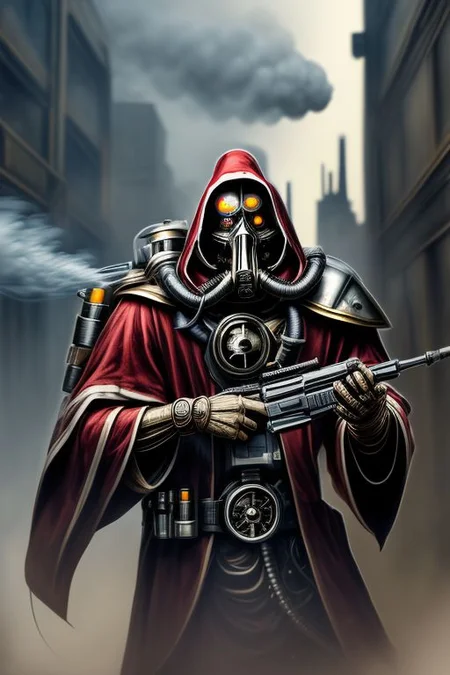 ((masterpiece,best quality)), absurdres, BREAK
mechanical arms, robes, hood, BREAK
((techpriest)), cyborg, mechanical face, mechanical limbs, gas mask, mechanical tentacles, (mechanical backpack), BREAK
1other, solo, holding pistol, firearm, handgun, pistol, gun, BREAK
factory background, smoggy sky, air pollution, smokestacks, BREAK
(Dark Academia)