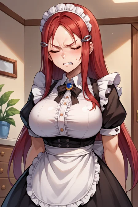 score_9, score_8_up, score_7_up, score_6_up, source_anime, BREAK 1girl, solo, <lora:vc4minerva-pdxl-nvwls-v1-000005:1> vc4minerva, red hair, red eyes, hairclip, maid headdress, maid dress, apron, puffy sleeves, clenched teeth, annoyed, closed eyes, (big breasts:0.7), bedroom