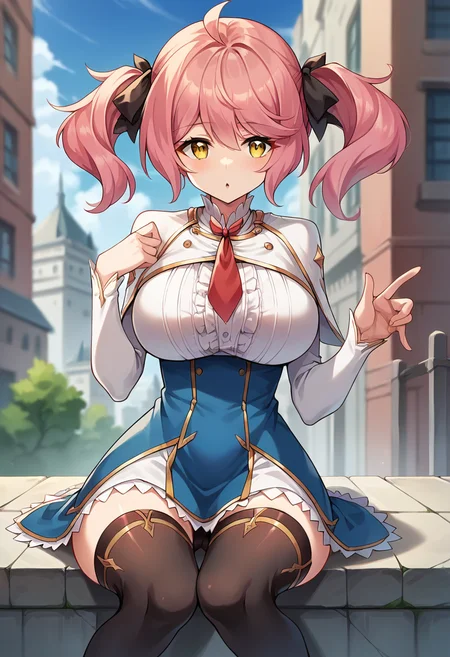 score_9, score_8_up, score_7_up, source_anime, masterpiece, 1girl, ctianph1l, pink hair, yellow eyes, white capelet, large breasts, underbust, blue skirt, frilled skirt, center frills, black thighhighs, red necktie, outdoors, city, sunny, day, depth of field, looking at viewer, sitting, thighs,sh  <lora:Philuffy_Aingram_pony_ct:0.9>