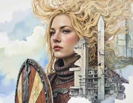 masterpiece, HDR, (finely intricate details:1.4), ultra high resolution, an award-winning hyperrealistic drawing of a viking woman with shield and sword, partially dissolving into swirling urban abstractions in pastel hues, highlighted facial contours with thick confident brushstrokes in watercolor washes between blurred modern architecture elements, subtle transition between the woman and the architectural elements. cool soft atmosphere radiating subtle luminescence and filtered light effects enhancing dreamlike state. Modern urban backdrop with abstract forms, soft mist filtering visibility creating atmospheric perspective, intricate detail captured through expressionist abstract quality resembling a delicate watercolor masterpiece. style reference: inspired by Mary Weatherford's large-scale urban impressionism; enhanced luminosity from atmospheric filtering and blurred edges creating ethereal dreamscapes. <lora:Lagertha_Flux:1>