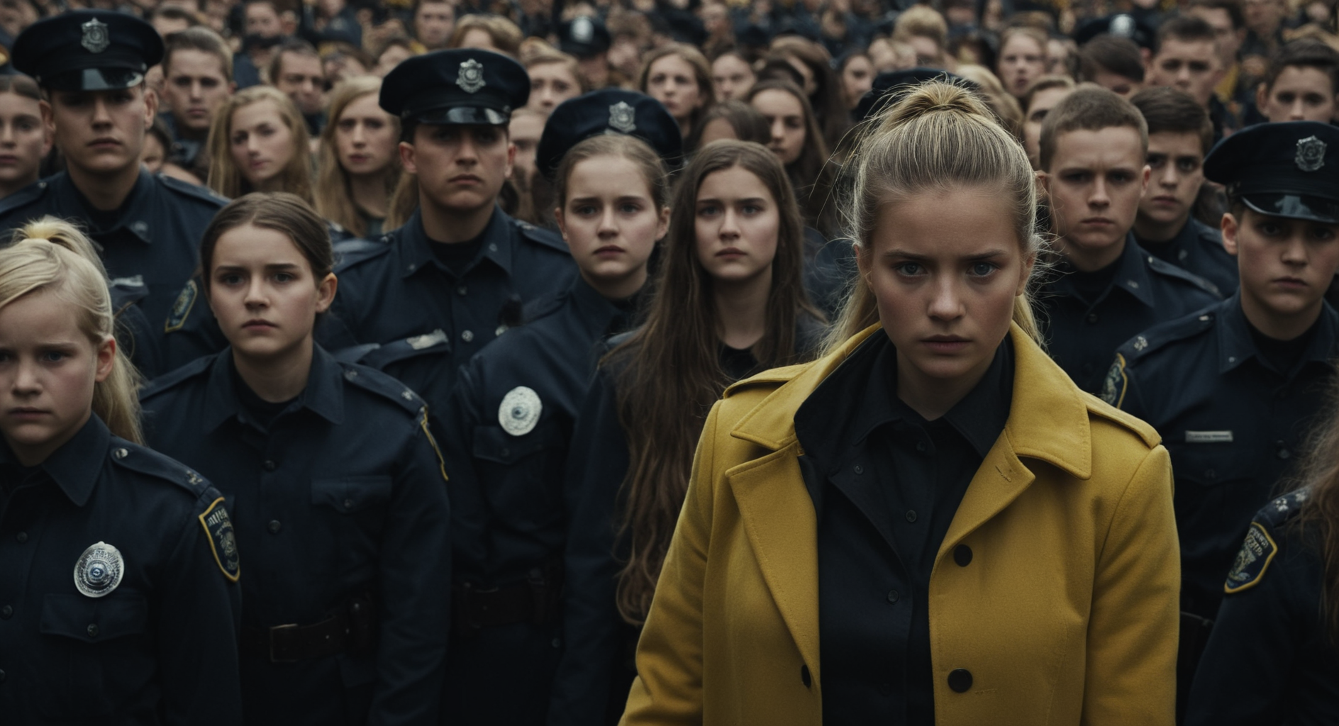 Horror-themed,  <lora:Juxtaposition style:1>
Juxtaposition of a woman in a yellow coat standing in a crowd,long hair,multiple girls,blonde hair,brown hair,black hair,hat,ponytail,multiple boys,blurry,uniform,military,military uniform,facial hair,6+boys,realistic,police,police uniform Juxtaposition, artistic, photography, dramatic light, dramatic shadow light, contrast, saturated color, cinematic, filmic, photographic, realistic, realism, perfection, perfect, Juxtaposed, opposite, different things, side by side, syncretism, antithesis, Juxtaposition style, Eerie, unsettling, dark, spooky, suspenseful, grim, highly detailed