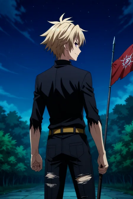 score_9, score_8_up, score_7_up,score_6_up,score_5_up,score_4_up,source_anime,BREAK, rating_safe, intricate details , , , anime screencap, anime coloring, official style, depth of field , , ,1boy, solo, male focus , , , <lora:izayoi:0.97>,sakamaki izayoi,blonde hair,purple eyes,short hair,spiky hair,hair between eyes,natural hair,simple hairstyle,smile,holding, shirt, full body, pants, belt,hand holding flag, looking back, from behind, black shirt, torn clothes, scar, bandages, injury,red flag, torn pants,outdoors,night,sky  , , , <lora:sdxl_lightning_8step_lora_315544:1>