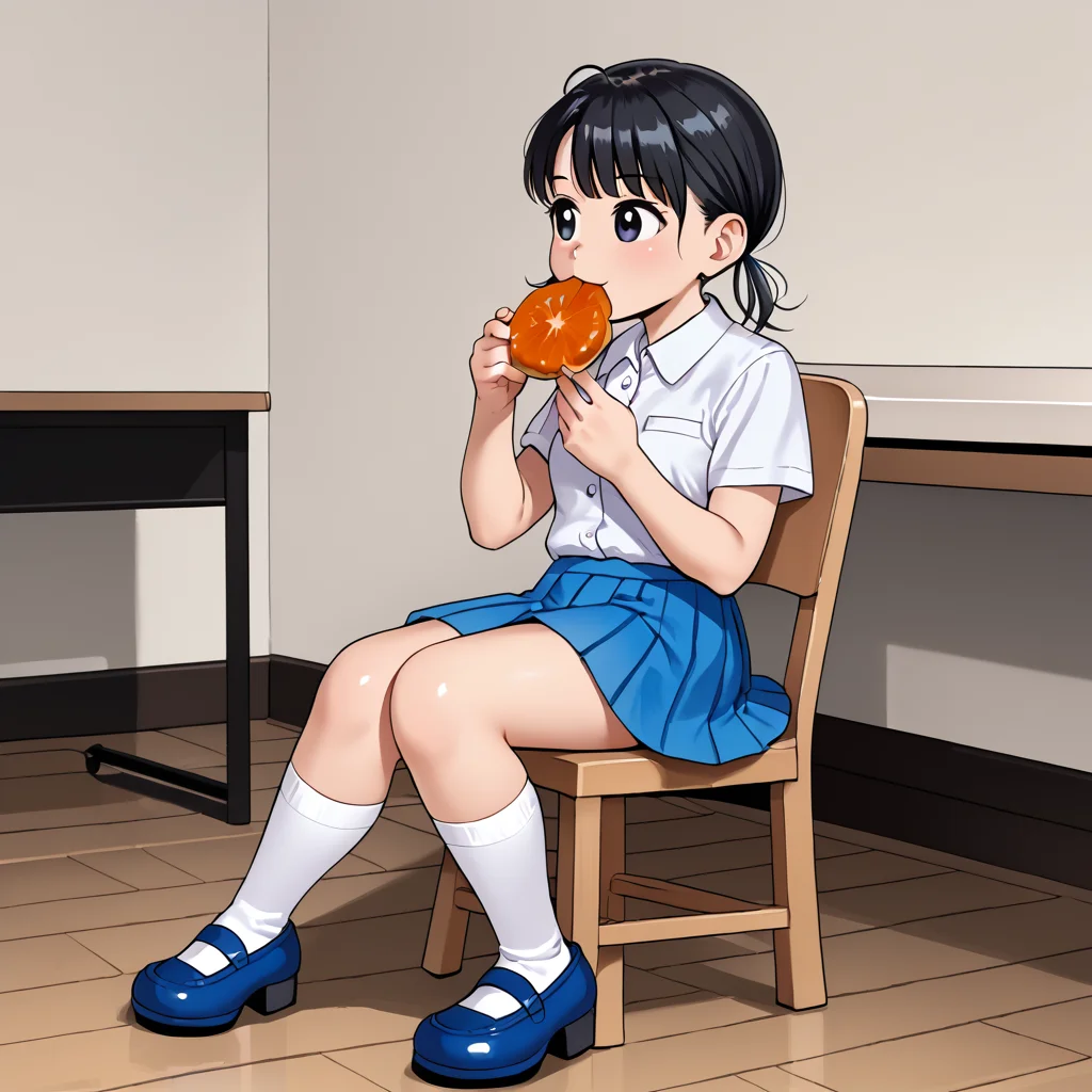 indoors, <lora:MagaliV2:1> MagaliTDM, 1girl, solo, shirt, short sleeves, shoes, socks, white socks, mary janes, blue footwear, white shirt, pleated skirt, blue skirt, blue footwear, black hair, three strands of hair that seem to resemble pigtails, black eyes, short, sitting, chair, eating