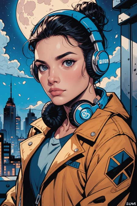 1girl, moon, solo, black hair, full moon, jacket, headphones, realistic, looking at viewer, hair bun, science fiction, lips, sky, night, single hair bun, upper body, black eyes, cloud, city, <lora:Expressive_H:0.5>, score_9, score_8_up, score_8_up, a_Comic_Illustration, rough lines with ink, (drawn:1.1), (sketch:1.5), (crosshatching:1.25), (comic style:1.1), graphic novel style, sharp lines, hires, zstyle, (western comics \(style\):1.1), (hatching \(texture\):1.2), zPDXL, Mr_Monster_Possitive