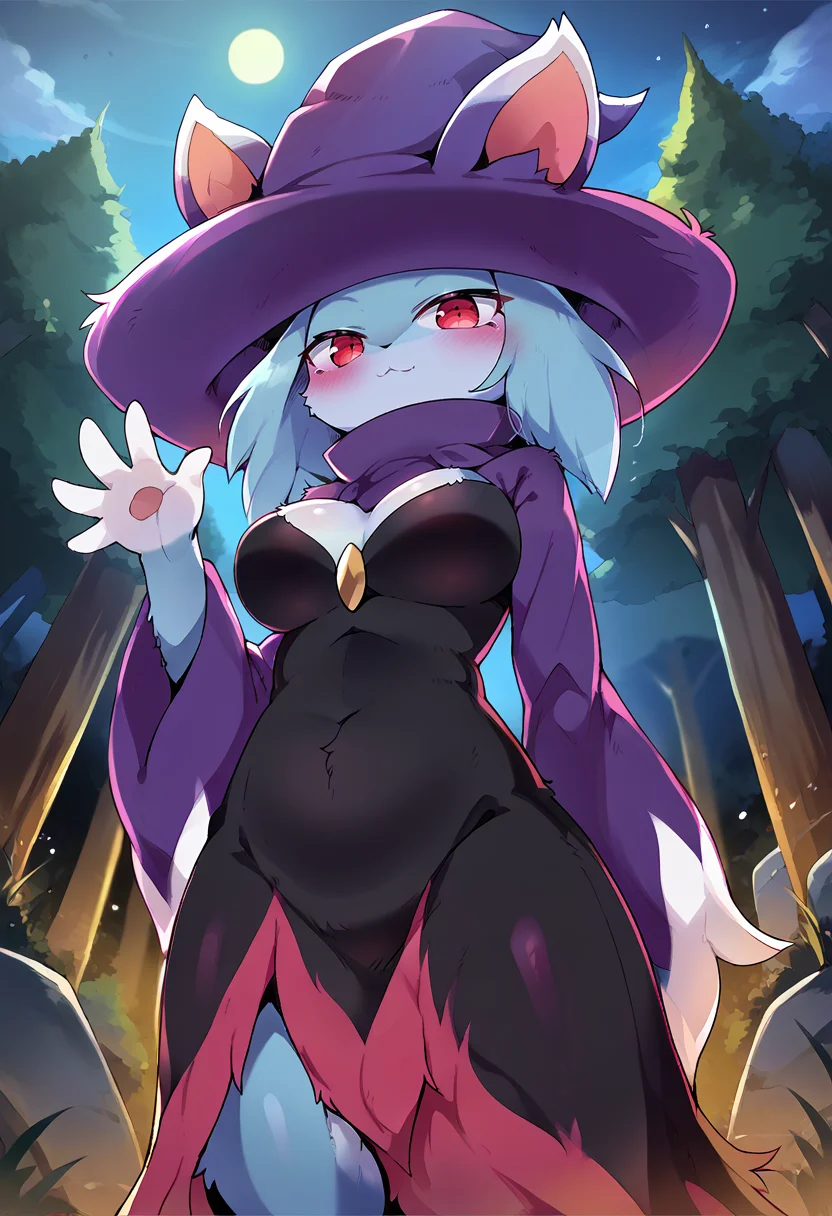 <lora:pony_good_hands:1>, <lora:Anime Style 2 SDXL_LoRA_Pony Diffusion V6 XL:0.2>, score_9, score_8_up, score_7_up, source_anime, good_hands,
<lora:Dagashi_Artist_Style_PonyXL:0.8>, outdoors, nature, night sky, tree, rock, from below,
BREAK
<lora:PalKat-000020:1>, 1girl, solo, PalKat, blue fur, cat girl, beautiful red eyes, wizard hat, black dress, cat ears, cat tail, body fur, wide long sleeves, furry, two-tone fur, ears through headwear, large breasts,
looking at viewer, standing, waving, arms behind back,