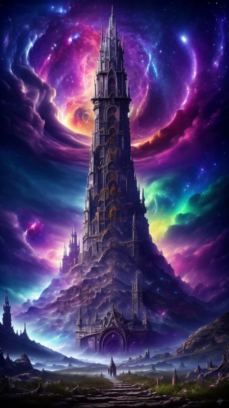 Space-themed, 
Gothic style, 
Masterwork Painting, Magnum Opus, 
 <lora:Wizard_Tower:0.75> witow, castle, cloud, cloudy sky, grass, no humans, scenery, sky, tower, tree, 
<lora:Fantasy_Mountains:0.75> fanmou, footprints, forest, grass, nature, no humans, outdoors, sky ,
  highres, 8k, uhd, High Dynamic Range, tonemapping, crisp details,  intricate details, fine details,
. Dark, mysterious, haunting, dramatic, ornate, detailed,
. Cosmic, celestial, stars, galaxies, nebulas, planets, science fiction, highly detailed
