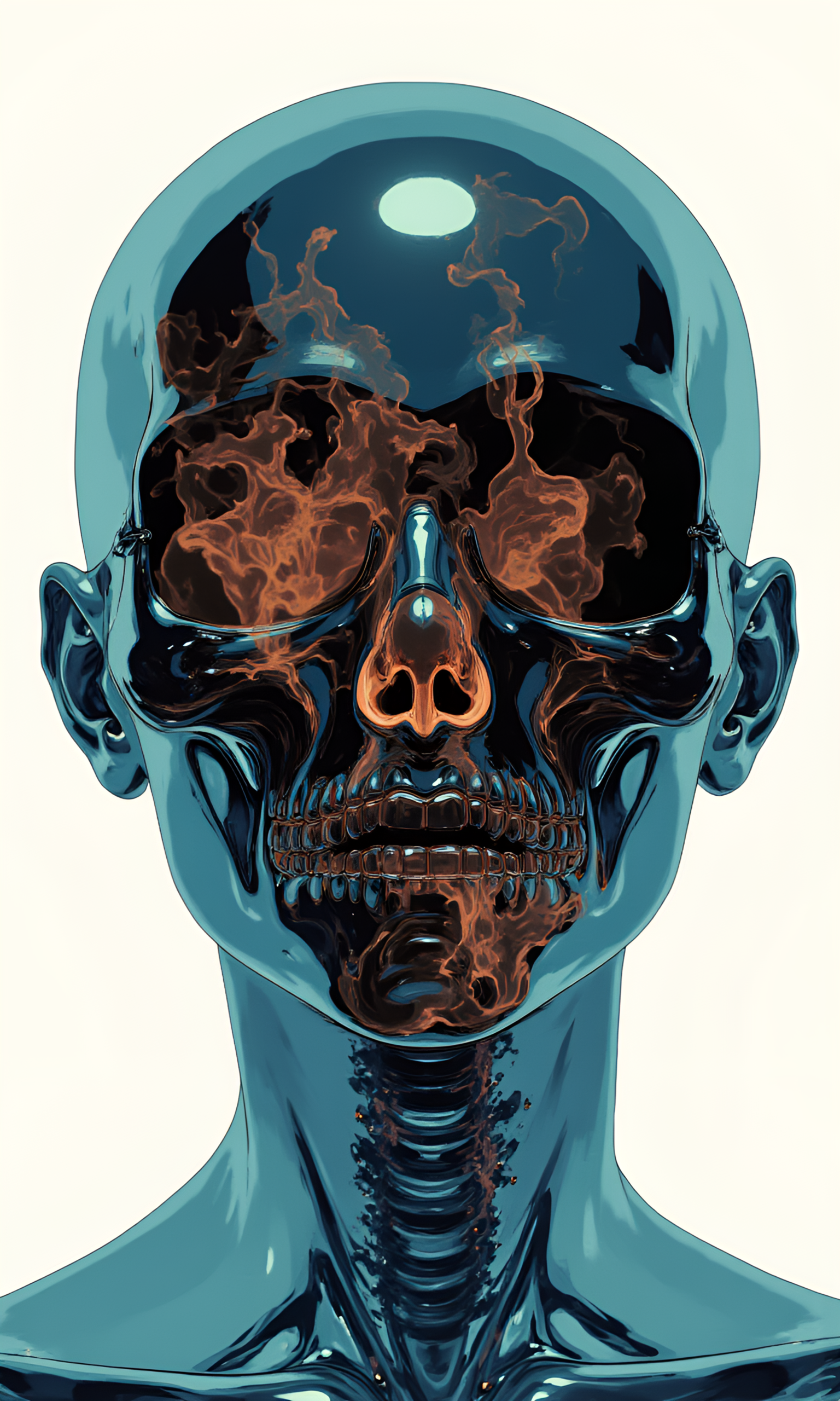 Extreme close-up portrait of a 25-year-old woman  with a bald head, featuring translucent skin  that reveals intricate anatomical details beneath. Her face is serene yet haunting, with soft lighting highlighting the delicate textures of her skin and the subtle reflections on her translucent surface. The most striking feature is her skull, made entirely of black glass , which has a smooth, polished appearance with faint internal reflections. Inside the skull, a mesmerizing vortex of swirling brown and cyan smoke  moves dynamically, creating a sense of life force or energy coursing through her head. The smoke shifts and flows in a hypnotic pattern, adding depth and movement to the otherwise still image. The background is a pure, crisp white , isolating the subject and emphasizing the contrast between her dark skull and the vibrant smoke. Lighting is soft but directional, casting gentle shadows that enhance the translucency of her skin and the reflective quality of the glass skull. Mood is ethereal, futuristic, and mysterious â blending elements of sci-fi, surrealism, and medical artistry.
j_art, j_anime, <lora:FLUX\jul\J_Anime:1.0>