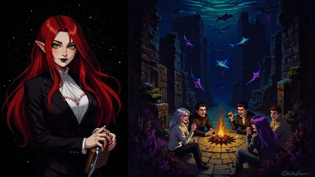 1girl, breasts, solo, torn clothes, blood, cleavage, long hair, colored sclera, knife, large breasts, looking at viewer, black sclera, yellow eyes, holding, tongue, colored skin, vampire, upper body, sharp fingernails, grey skin, pale skin, fingernails, licking, purple hair, glowing eyes, weapon, pointy ears, long fingernails, holding knife, biting, tongue out, blood from mouth, turtleneck, blood on face, holding weapon, lips, dagger, glowing, red hair, teeth, clothing cutout, cleavage cutout, black background, dark background, reverse grip, long tongue, holding dagger, black lips, makeup, A young woman with fiery red hair stands confidently, dressed in a tailored black suit paired with an elegant white blouse that hints at elegance beneath the business attire. Her green eyes are bright and full of determination as she holds a notebook, her posture assertive yet inviting. She exudes an air of intelligence and charm, radiating competence while displaying a warm smile that seems to light up the room. The woman's poise suggests strength and grace in equal measure, making her unforgettable among those around her., A group of friends gathers around an outdoor fire pit on a crisp autumn evening, sharing laughter as they roast marshmallows for s'mores under twinkling starlight. The aroma of toasting marshmallow and the warm glow of the fire create an ambiance of camaraderie and comfort, igniting stories and conversations that last through the night., A sprawling underwater metropolis lies submerged beneath the waves, its towering skyscrapers adorned with coral and sea plants. Neon-hued creatures of all shapes and sizes dart between ancient ruins as bioluminescent algae illuminate this forgotten world. The water teems with life as schools of iridescent fish and graceful manta rays glide through the labyrinthine streets, their shadows dancing upon the submerged pavement. It's a scene of breathtaking beauty and haunting desolation, echoing the lost dreams of its former inhabitants.