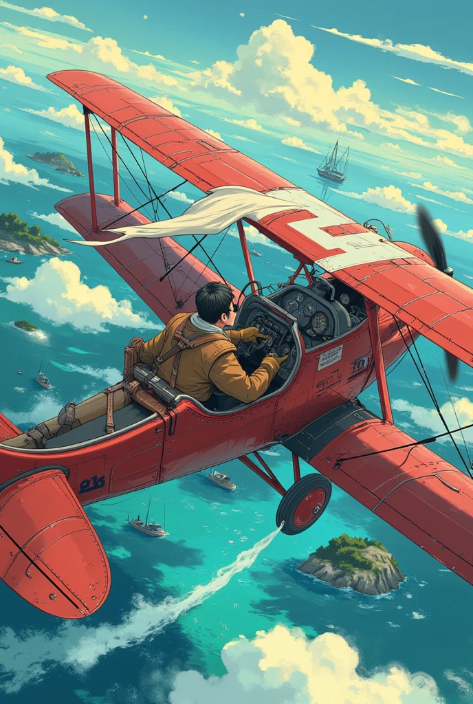 a cinematic anime-style illustration of a pilot flying a vintage red seaplane biplane over the sparkling blue waters of the Mediterranean Sea, he wears dark aviator sunglasses and a white pilot scarf fluttering in the wind, his outfit includes a brown leather flight jacket, gloves, and tall boots, evoking a retro flying ace look, he sits confidently in the open cockpit of the seaplane, one hand on the controls and the other resting casually, below, the clear turquoise waters of the Mediterranean reflect the sky, dotted with scattered islands and distant fishing boats, the warm sunlight bathes the scene in golden tones, casting long shadows over the clouds and water, the biplane leaves a soft white trail as it glides gracefully through the air, illustrated in a painterly anime style inspired by Studio Ghibli, with soft textures, nostalgic lighting, and a blend of adventure and quiet beauty