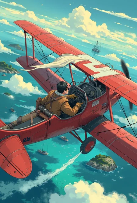 a cinematic anime-style illustration of a pilot flying a vintage red seaplane biplane over the sparkling blue waters of the Mediterranean Sea, he wears dark aviator sunglasses and a white pilot scarf fluttering in the wind, his outfit includes a brown leather flight jacket, gloves, and tall boots, evoking a retro flying ace look, he sits confidently in the open cockpit of the seaplane, one hand on the controls and the other resting casually, below, the clear turquoise waters of the Mediterranean reflect the sky, dotted with scattered islands and distant fishing boats, the warm sunlight bathes the scene in golden tones, casting long shadows over the clouds and water, the biplane leaves a soft white trail as it glides gracefully through the air, illustrated in a painterly anime style inspired by Studio Ghibli, with soft textures, nostalgic lighting, and a blend of adventure and quiet beauty