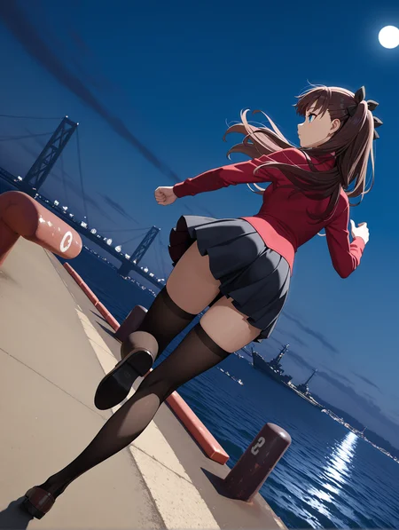 masterpiece,best quality,newest,
1girl,solo,
<lora:solas_ilxl_v1:1>,w_h,bollard,ocean,ships,bridge,night view,
<lora:Fixhands_anime_bdsqlsz_V1:1>,
wide-angle lens shot,full body shot,wide_shot,long_shot,from behind,profile,looking ahead,moon,<lora:T_Rin_ilxlv1.3:1>,t_rin,two side up,brown hair,black hair bow,blue eyes,r_clothes,turtleneck,long sleeves,red shirt,miniskirt,black_thighhighs,brown loafers,running,dynamic_angle,cinematic_angle,dutch angle,