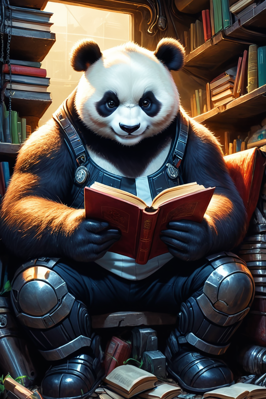 Detailed digital illustration of an anthro Panda bear (Reading a book, absorbed in intellect) at a Underground cybernetic chop shop with stolen tech, <lora:xl_more_art-full_v1:0.5>,  <lora:anthro_muscular:0.7> , <lora:madpunk:0.4> madpunk