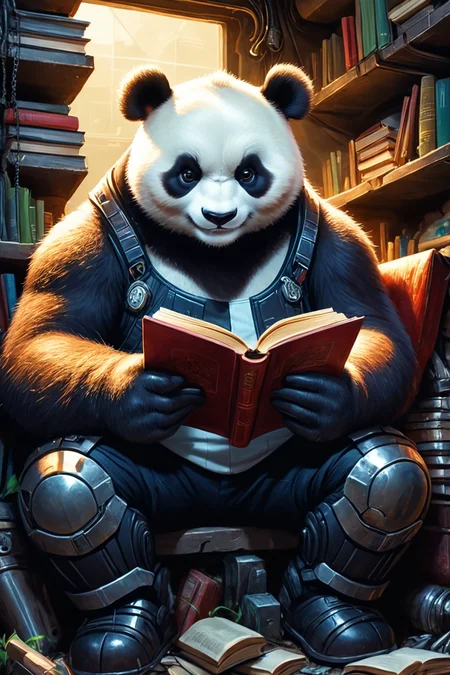 Detailed digital illustration of an anthro Panda bear (Reading a book, absorbed in intellect) at a Underground cybernetic chop shop with stolen tech, <lora:xl_more_art-full_v1:0.5>,  <lora:anthro_muscular:0.7> , <lora:madpunk:0.4> madpunk