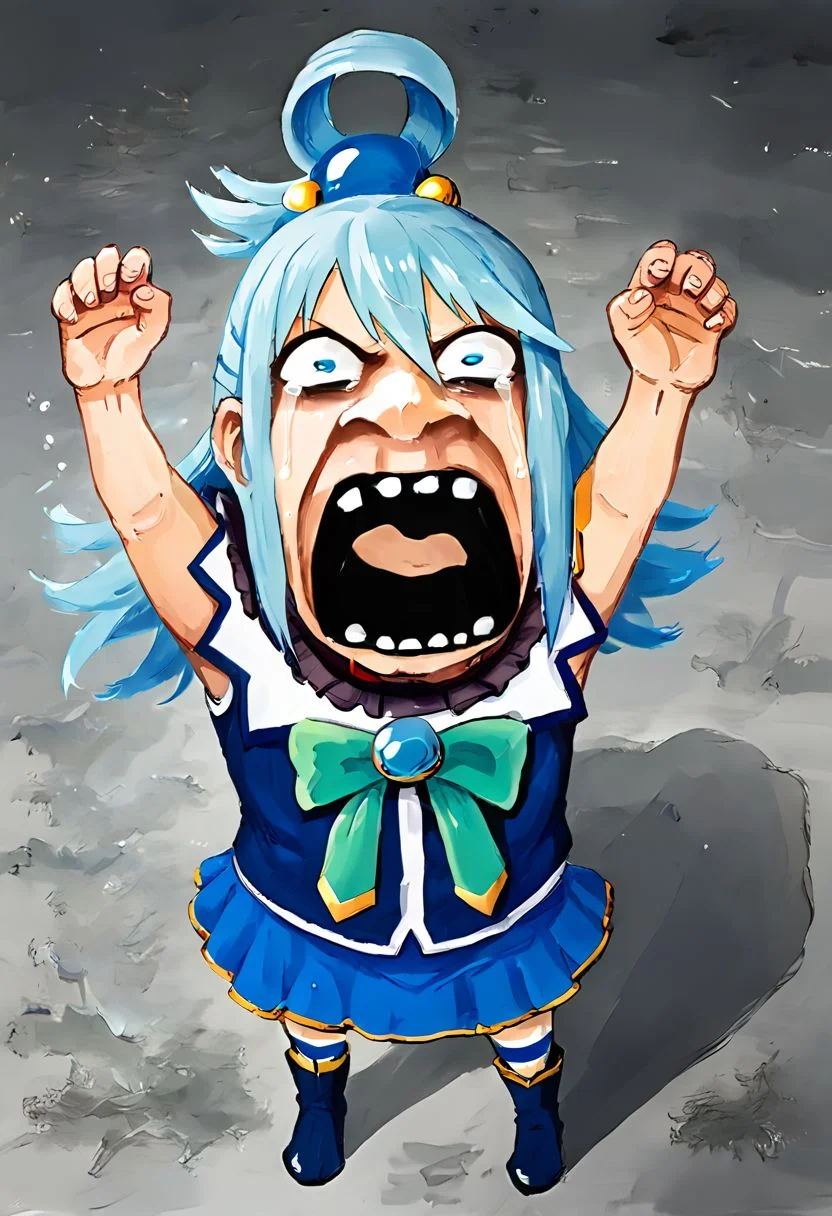 score_9, score_8_up, score_7_up, source_anime, zPDXL2, lozhkin, 1girl, aqua \(konosuba\), big smile, open mouth, teeth, screaming, crying with eyes open