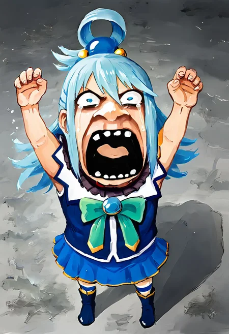 score_9, score_8_up, score_7_up, source_anime, zPDXL2, lozhkin, 1girl, aqua \(konosuba\), big smile, open mouth, teeth, screaming, crying with eyes open