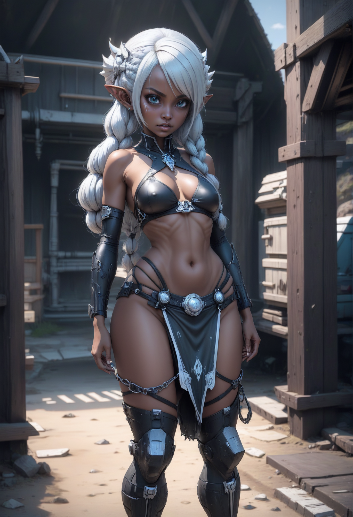 1girl, woman, angry orc post apocalyptic barbarian medicine woman, toned, (warpaint:1.4), silver hair, Double Braided Buns, standing split pose, bombshell hair, aqua hair, drill hair, medium breasts, wide hips, narrow waist, tall, athletic toned hourglass figure,skindentation, (dark skin:1.3), abandoned,cliffside scifi hamlet in a Crystal Ice Caverns