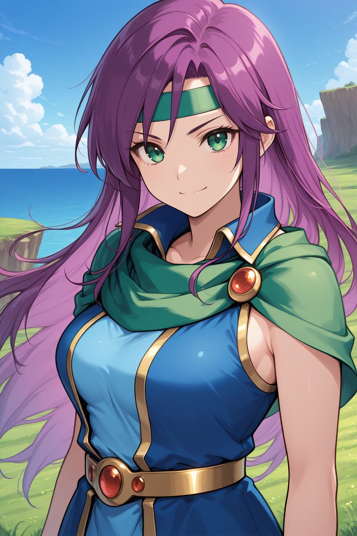 masterpiece, best quality, 1girl, solo <lora:fffaris-illu-nvwls-v1-000006:1>  frssch, purple hair, long hair, green eyes, green headband, green cape, green scarf, blue tunic, sleeveless, gold belt, upper body, looking at viewer, blue sky, clouds, ocean, field, cliff, smile, happy, serious, breasts