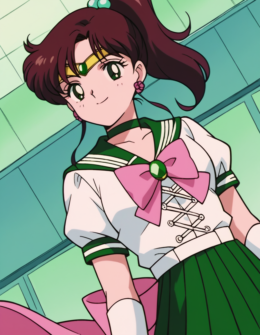 score_9, score_8_up, score_7_up, source_anime, <lora:makoto-kino-s3-ponyxl-lora-nochekaiser:1>, makoto kino, brown hair, circlet, green eyes, hair bobbles, hair ornament, medium hair, ponytail, sidelocks, parted bangs,, back bow, bow, bowtie, brooch, choker, earrings, elbow gloves, flower earrings, gem, gloves, green choker, green gemstone, green sailor collar, green skirt, jewelry, miniskirt, pink bow, pink bowtie, pleated skirt, sailor collar, shirt, short sleeves, sidelocks, skirt, white gloves, white shirt,, indoors, smile, looking at viewer, solo,, cowboy shot, dutch angle