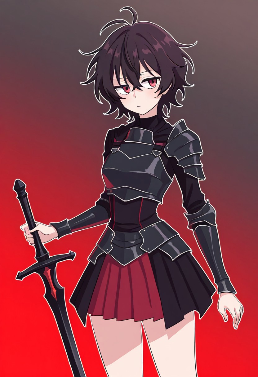 score_9, score_8_up, score_7_up, score_6_up, score_5_up, 1girl, short black messy hair, red eyes, black chest plate, skirt made of black steel, black sword, (<OddlySmutty_style>)