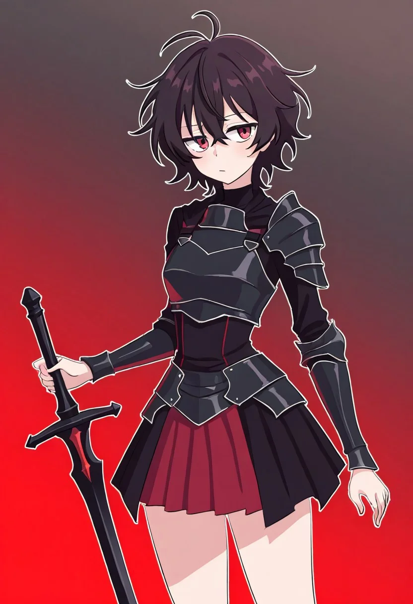 score_9, score_8_up, score_7_up, score_6_up, score_5_up, 1girl, short black messy hair, red eyes, black chest plate, skirt made of black steel, black sword, (<OddlySmutty_style>)