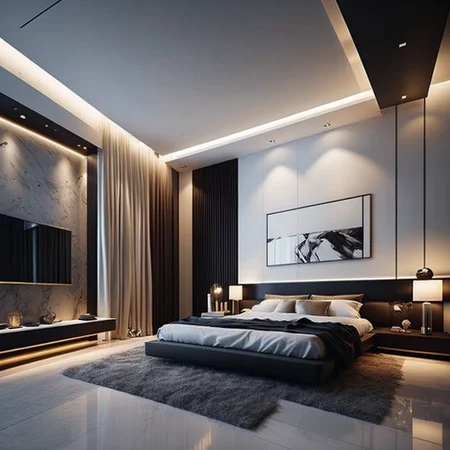 <lyco:Modern_interior_design_Sa_May:1.0> Modern lux interior design of bedroom, minimalist modern style, super details