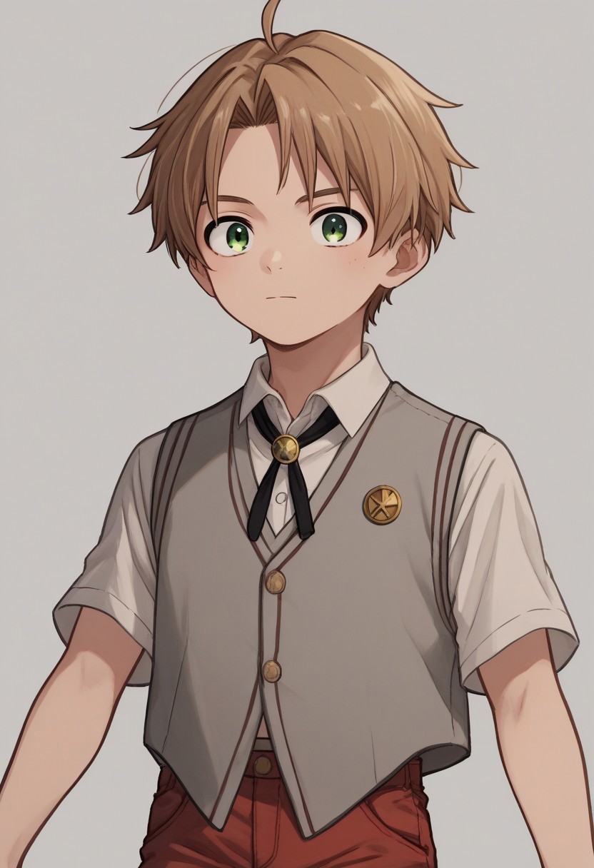 score_9, score_8_up, score_7_up, source_anime, highly detailed, cute boy, 1boy, solo, young, rudeus greyrat, light brown hair, green eyes, (short sleeve white button up shirt), (grey sleeveless vest), (black sleeveless jacket), bolo tie, red shorts
