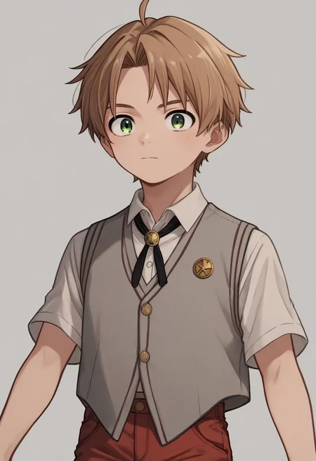 score_9, score_8_up, score_7_up, source_anime, highly detailed, cute boy, 1boy, solo, young, rudeus greyrat, light brown hair, green eyes, (short sleeve white button up shirt), (grey sleeveless vest), (black sleeveless jacket), bolo tie, red shorts