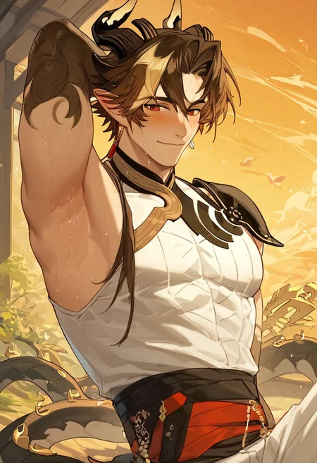 score_9_up, score_8_up, score_7_up, best quality, amazing quality, best aesthetic, chongyue_ak, low ponytail, horns red eyes, brown hair, streaked hair, pointy ears, horns, sleeveless, white shirt, white pants, dragon tail, waist up, presenting armpit, sweaty, flushed, smil, smile, both eyes open, outside, sunset, expressiveh