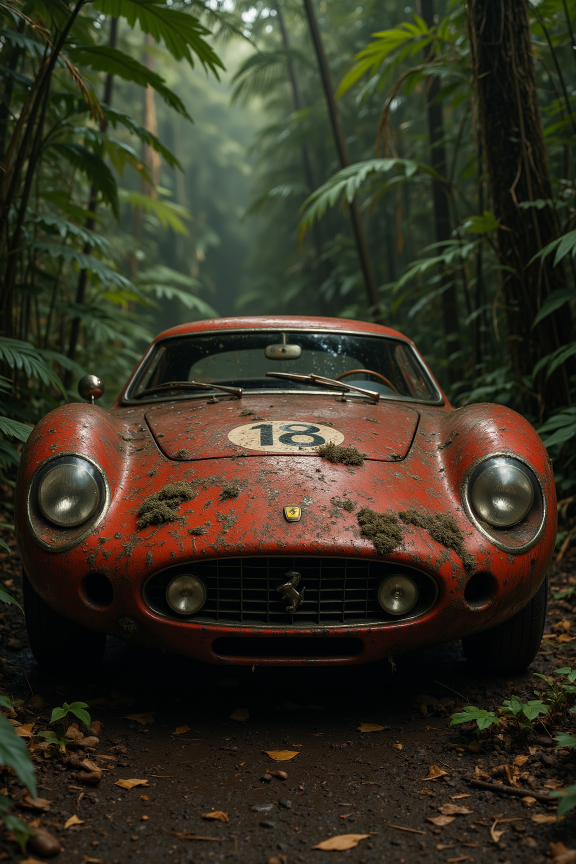 Midjourney_Whisper, Side view of a very rusty and worn 1960s red racing Ferrari, abandoned in a green rainforest, the body of the car is partially covered by the ground and has many jungle gremlins growing on its surface, mold, illustration wallpaper.