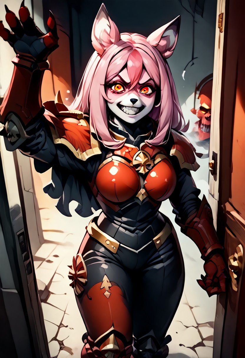 score_9, score_8_up, score_7_up, score_6_up, score_5_up, score_4_up, 1girl, solo, (anthro, furry, fox, (nazuna), pink and white fur color, two-tone fur,), pink hair, long hair, hair between eyes, red eyes, animal ears, animal tail, fluffy tail, huge breasts, animal ears, body fur, broken door, maniac look, (crazy happy grin), (possessed grin), ((possessed gaze)). Sororitas, armor, shoulder armor, pauldrons, power armor, Khorne, armor, no helmet ,  full armor, gold armor, red armor, space marine, (clawed gauntlets), ((grabbing hand)), (nazuna hand grabbing the viewer). ((((kabedonpov))))
house, broken door, nazuna break in the door, (destroyed door), entrance hall, running towards the viewer, kabedonpov, facegrabpov, headpatpov, arms up, holding viewer