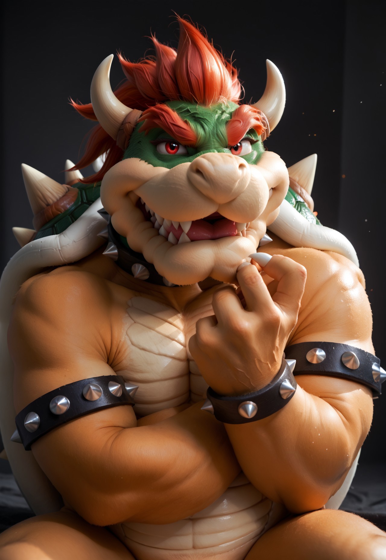 safe_pos, score_9, score_8_up, score_7_up, score_6_up, score_5_up, score_4_up, source_furry, hi res, solo, Bowser, Spiked Bracelets, Spiked Collar, Spiky Shell, red eyes,   anthro, male,  seductive look, sexy pose, biting lip