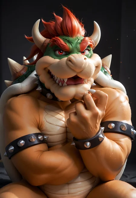 safe_pos, score_9, score_8_up, score_7_up, score_6_up, score_5_up, score_4_up, source_furry, hi res, solo, Bowser, Spiked Bracelets, Spiked Collar, Spiky Shell, red eyes, anthro, male, seductive look, sexy pose, biting lip