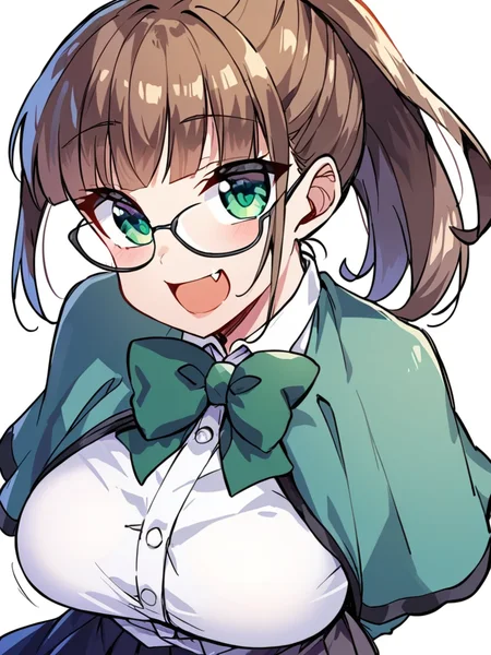 score_9, score_8_up, score_7_up,
1girl, kamona Chiaki, ponytail, brown hair, large breasts, glasses, green eyes,
school uniform, grey cape, bowtie, white shirt, long sleeves, pleated skirt, thighhighs, standing, upper body, arms behind back, smile, open mouth, fang, looking at viewer, white background,