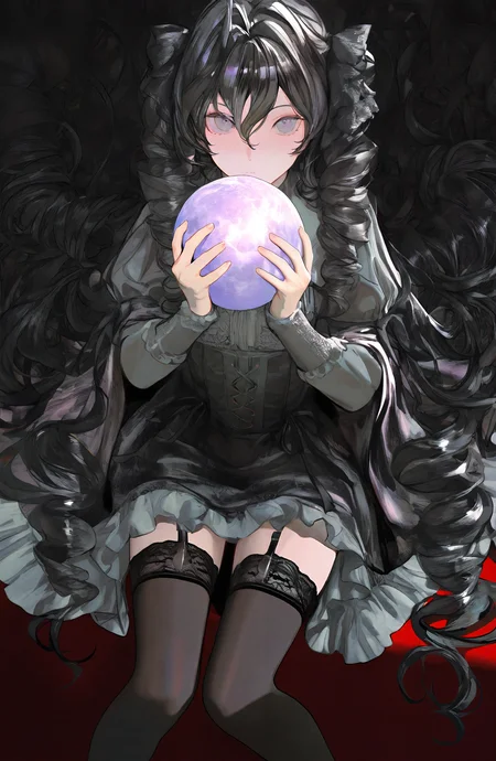1girl, solo, long_hair, looking_at_viewer, black_hair, long_sleeves, dress, thighhighs, holding, hair_between_eyes, sitting, grey_eyes, feet_out_of_frame, drill_hair
