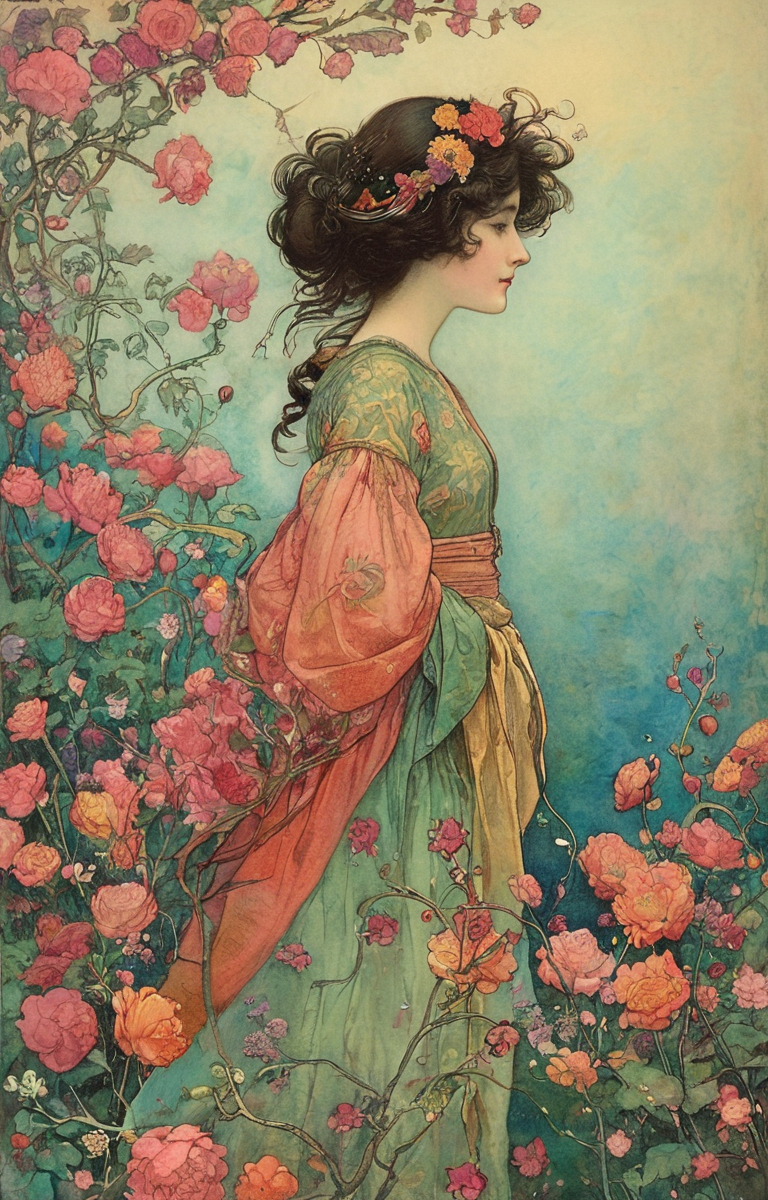 masterpiece,best quality,<lora:tbh144-sdxl:0.7>,patten,computer,flowers,illustration,style of Warwick Goble