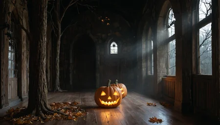 The image is a digital illustration of a Halloween pumpkin in a dark and eerie setting. The pumpkin is in the center of the image, with its face carved into the shape of a jack-o-lantern. It has a stem with leaves attached to it, and its eyes are glowing orange. The stem is covered in moss and lichen, and there are two large tree roots on either side of the pumpkin. The background is a dark, Gothic-style room with a large window and columns. The floor is wet, and the overall mood of the illustration is eerie and spooky.