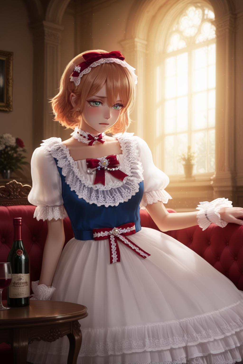 masterpiece, best quality, amazing quality, 1girl, solo, makeup, general, looking at viewer, blush, highres, couch, indoor, castle, cowboy shot, sit, sit on couch, flower, light particles, windows, from below, table, wine glass, wine bottle, sad, tears, <lora:TerraceRiho:0.7>, TerraceRiho, green eyes, orange hair, hair between eyes, medium breasts, <lora:blue top white skirt red bow vintage lace dress an1530322:1>, blue top white skirt red bow vintage lace dress, white skirt, short sleeves, puffy short sleeves, frills, wrist cuffs, lace, apron, blue vest, ribbon, red bow, choker, hair bow, <lora:wai-2Rectified-V140:1>, <lora:illustrious_noobai_epsilon_pred_1_masterpieces_v1:1>