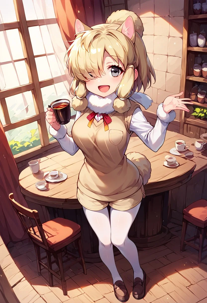 1girl, ((solo)), best quality, ultra-detailed, extremely detailed, perfect anatomy, masterpiece, score_9, score_8_up, score_7_up, Expressiveh, alpaca suri (kemono friends), alpaca ears, hair over one eye, bangs, blonde hair, grey eyes, sidelocks, hair tubes, hair bun, tail, short hair, horizontal pupils, fur scarf, white pantyhose, long sleeves, fur collar, fur trim, neck ribbon, white shirt, sweater vest, shorts, pantyhose, breast pocket, fur-trimmed sleeves, shoes, standing, open mouth smile, smile, cute, full body, cafe background, in a cafe, indoors, window with light, countertop, tables, chairs, dutch angle, full-length portrait, happy, looking at viewer, standing, tea cup on table,