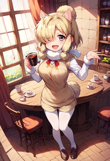 1girl, ((solo)), best quality, ultra-detailed, extremely detailed, perfect anatomy, masterpiece, score_9, score_8_up, score_7_up, Expressiveh, alpaca suri (kemono friends), alpaca ears, hair over one eye, bangs, blonde hair, grey eyes, sidelocks, hair tubes, hair bun, tail, short hair, horizontal pupils, fur scarf, white pantyhose, long sleeves, fur collar, fur trim, neck ribbon, white shirt, sweater vest, shorts, pantyhose, breast pocket, fur-trimmed sleeves, shoes, standing, open mouth smile, smile, cute, full body, cafe background, in a cafe, indoors, window with light, countertop, tables, chairs, dutch angle, full-length portrait, happy, looking at viewer, standing, tea cup on table,