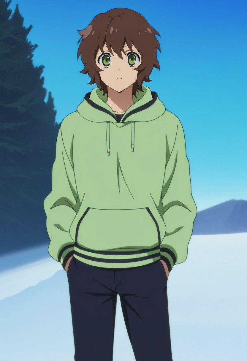 masterpiece, best quality, anime screencap, official style, anime coloring, cowboy shot, 1boy, solo, male focus, <lora:yoichi_saotome_ilxl:1>, yoichi_saotome, brown hair, green eyes, short hair, , , Snowboard pants, LavenderGray Hoodie, Suede loafers, ,