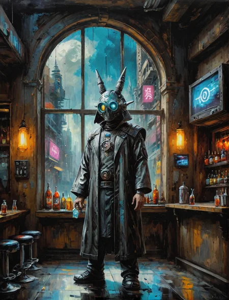 Oil painting of a oil painting of a futuristic wizard, cyberpunk bar, large window background, hyper realistic, super detailed, Science Fiction, tb, <lora:ThickBrush:0.5> <lora:drkkaw_epoch_10:0.5>