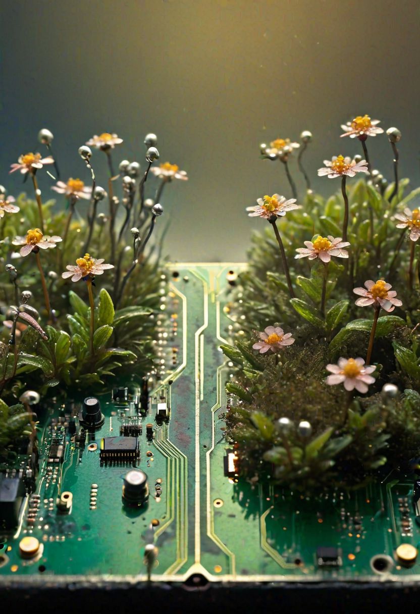 Circuit board as miniature landscape, tiny flowers blooming from solder points, insects as electronic components, glistening dewdrops, weathered and aged aesthetic, dramatic lighting, hyperrealistic